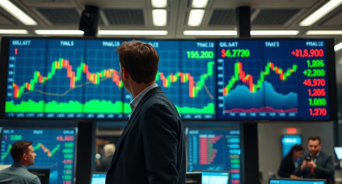 Financial analyst monitoring USD/CAD and oil price charts on multiple screens in a trading room.