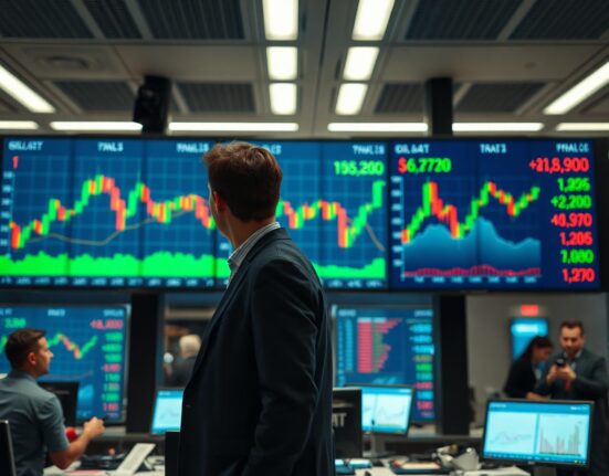 Financial analyst monitoring USD/CAD and oil price charts on multiple screens in a trading room.