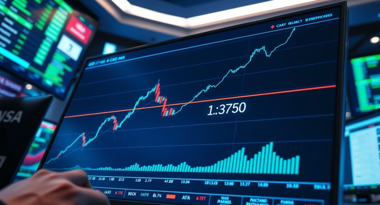 USD/CAD chart showing price near 50% Fibonacci retracement at 1.3760 on a trading screen