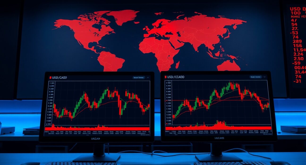 USD/CAD forex chart on trading monitors with Middle East geopolitical map in background