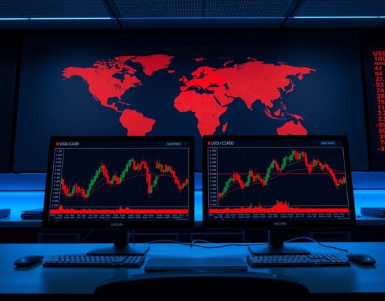 USD/CAD forex chart on trading monitors with Middle East geopolitical map in background