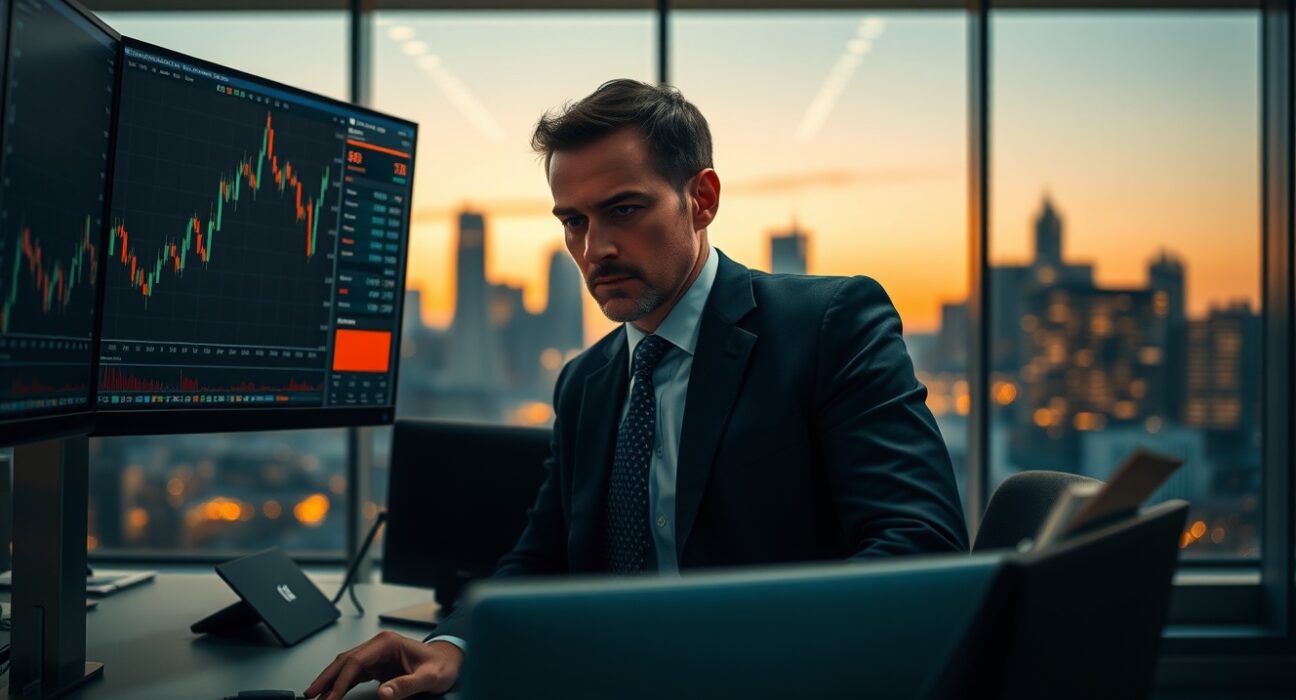Trader analyzing USD/CAD and oil price charts on multiple monitors in a dimly lit office