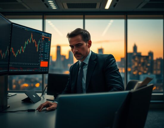 Trader analyzing USD/CAD and oil price charts on multiple monitors in a dimly lit office