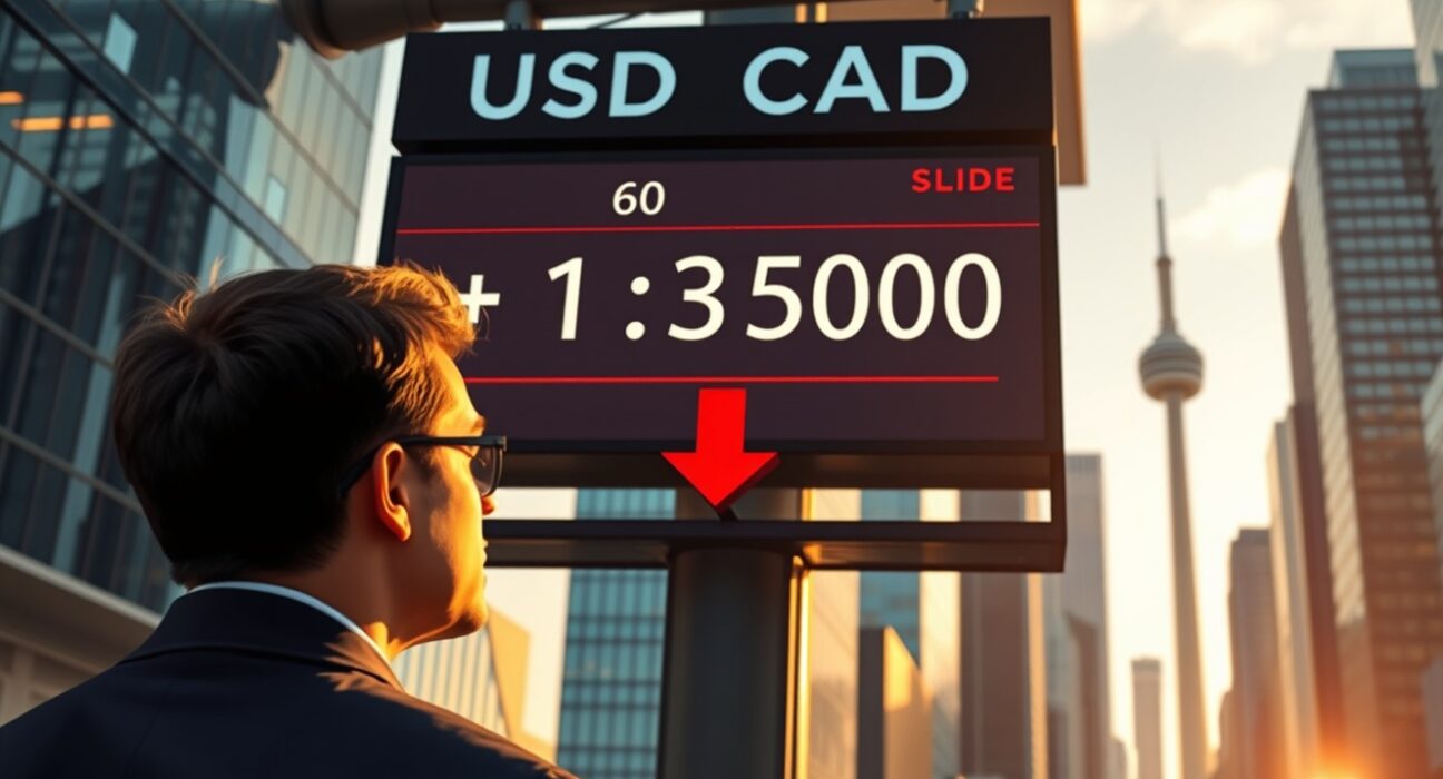 USD/CAD exchange rate board showing decline amid Loonie strength in Toronto financial district