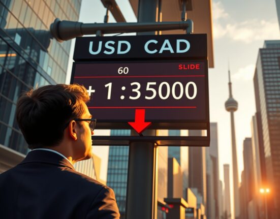 USD/CAD exchange rate board showing decline amid Loonie strength in Toronto financial district
