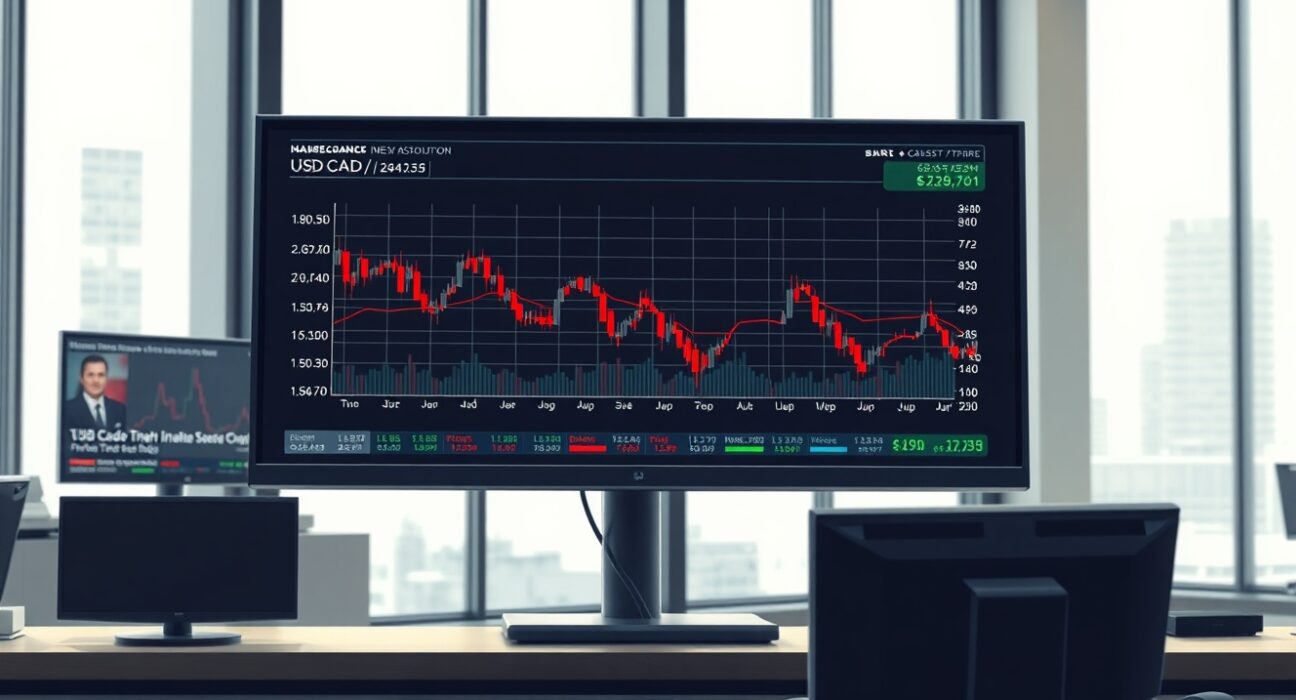 USD/CAD currency pair chart on a trading desk monitor showing market movement amid geopolitical tensions.