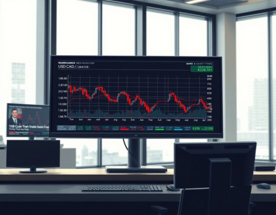 USD/CAD currency pair chart on a trading desk monitor showing market movement amid geopolitical tensions.