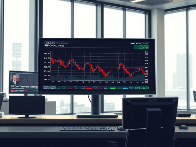 USD/CAD currency pair chart on a trading desk monitor showing market movement amid geopolitical tensions.