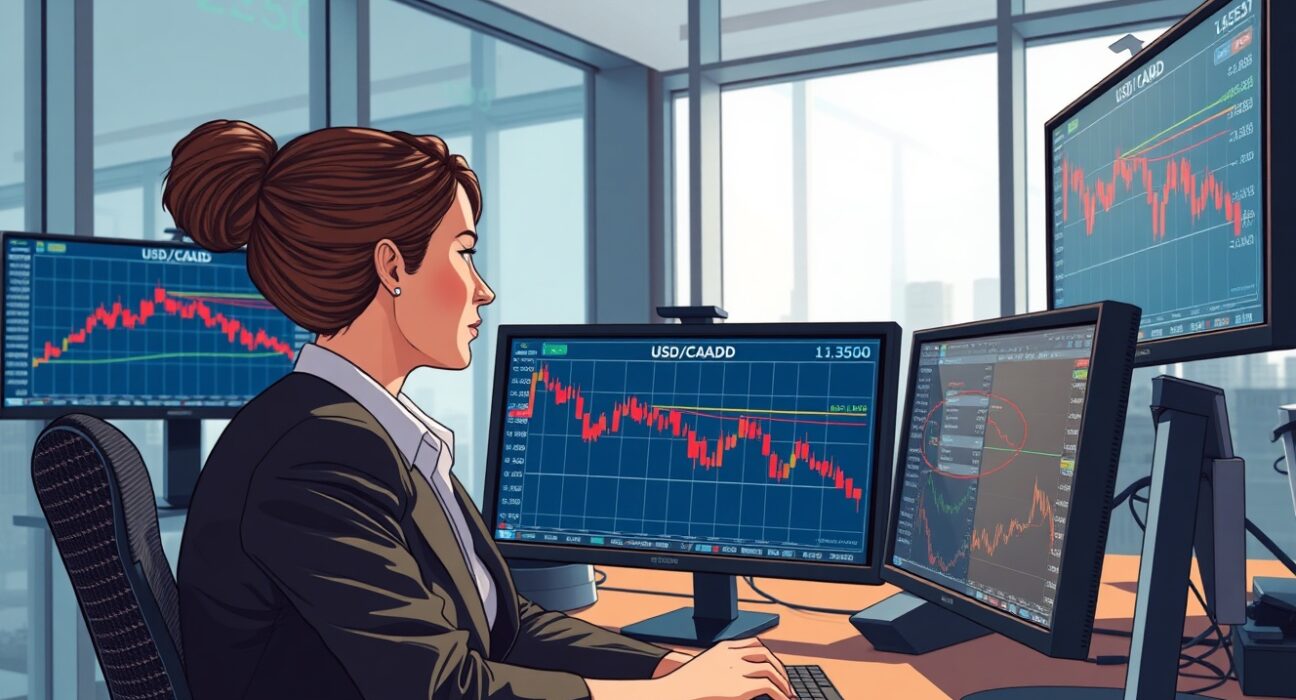 Trader monitoring USD/CAD currency pair drop amid US-Iran geopolitical news on financial screens.