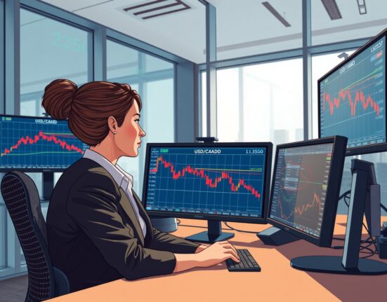 Trader monitoring USD/CAD currency pair drop amid US-Iran geopolitical news on financial screens.