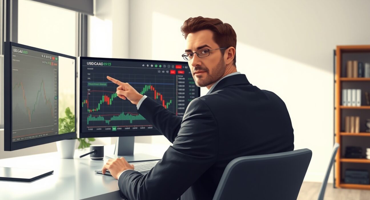 Financial analyst examining USD/CAD currency pair charts with Federal Reserve rate cut implications