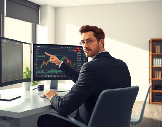 Financial analyst examining USD/CAD currency pair charts with Federal Reserve rate cut implications