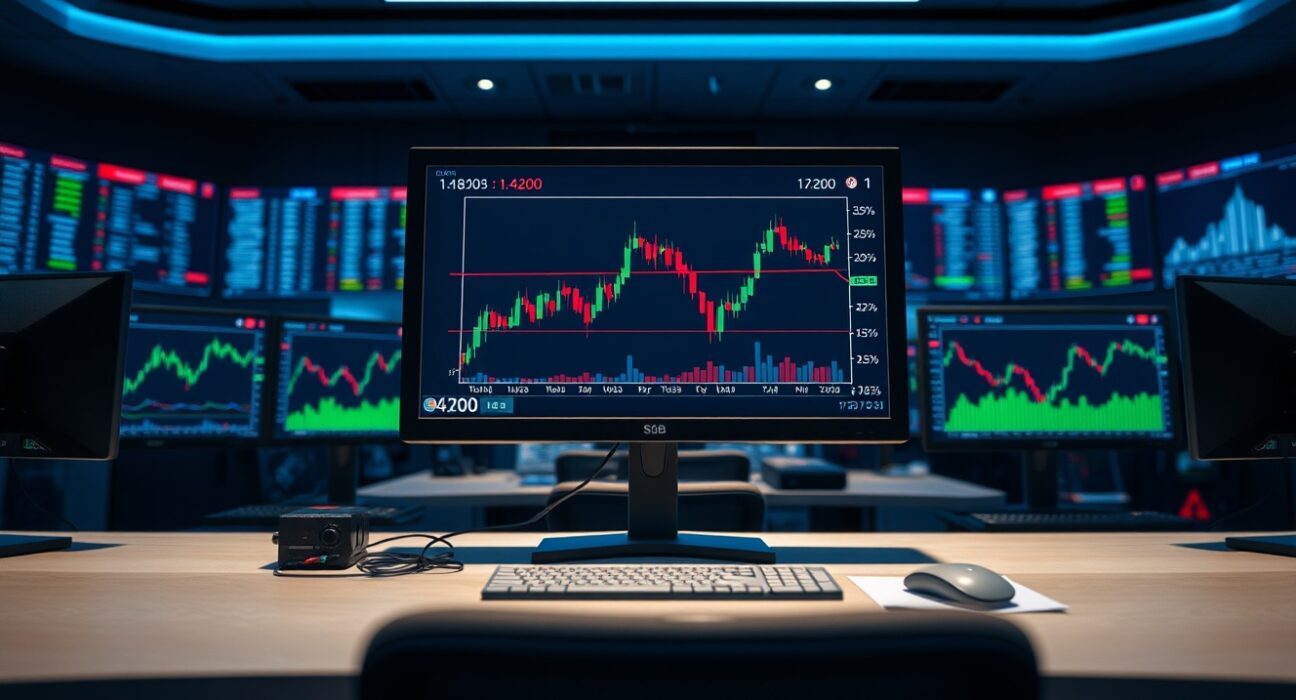 Forex trading desk monitors displaying USD/CAD chart near 1.4200 level
