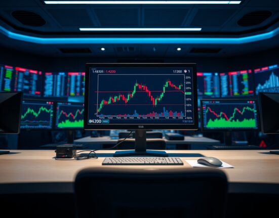 Forex trading desk monitors displaying USD/CAD chart near 1.4200 level
