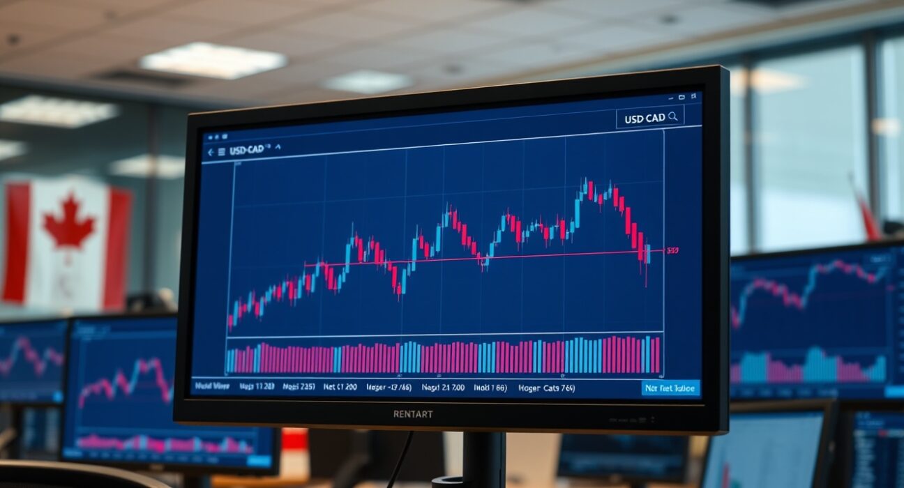 Forex trading monitor showing USD/CAD chart with neutral RSI and ADX indicators in a professional trading environment.