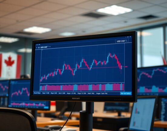 Forex trading monitor showing USD/CAD chart with neutral RSI and ADX indicators in a professional trading environment.