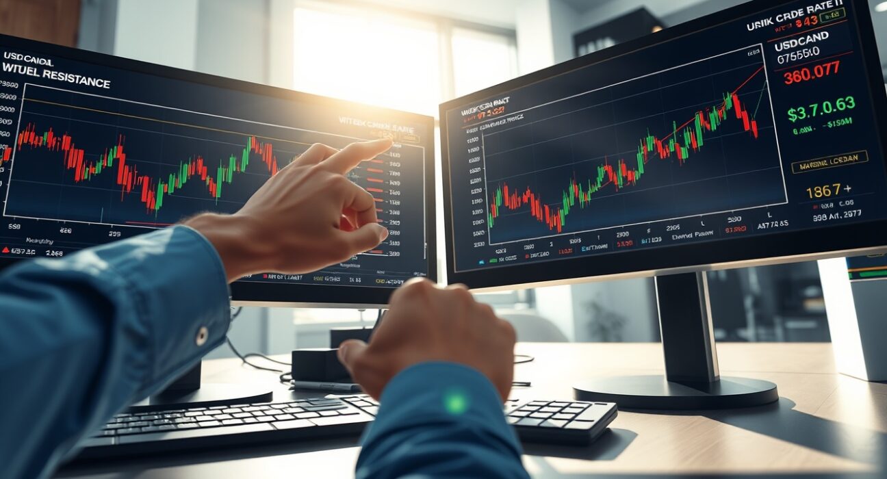 USD/CAD and oil price charts on trading desk showing currency analysis context