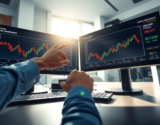 USD/CAD and oil price charts on trading desk showing currency analysis context