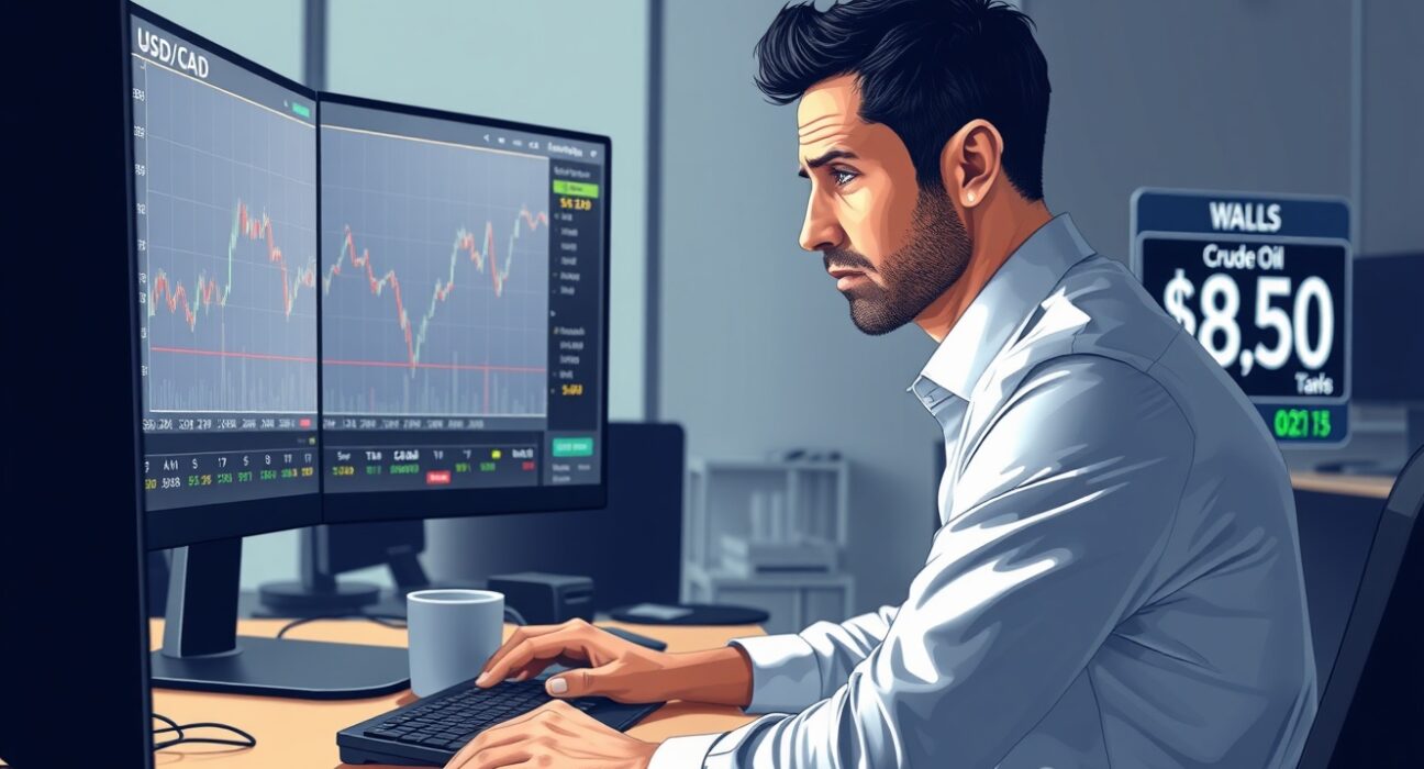 Trader monitors USD/CAD and oil price charts as markets react to US-Iran talks optimism.