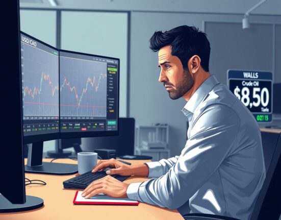 Trader monitors USD/CAD and oil price charts as markets react to US-Iran talks optimism.