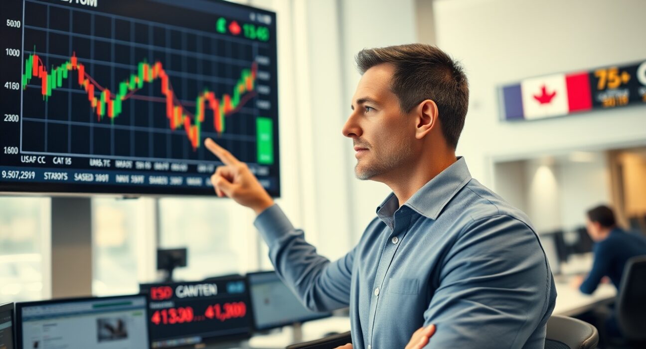Financial analyst reviewing USD/CAD chart on trading floor monitor