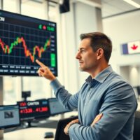 Financial analyst reviewing USD/CAD chart on trading floor monitor