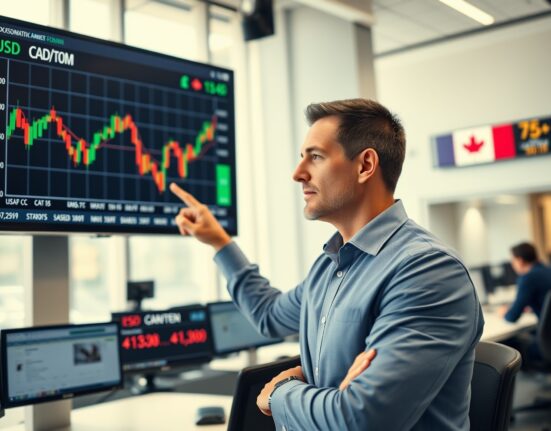 Financial analyst reviewing USD/CAD chart on trading floor monitor