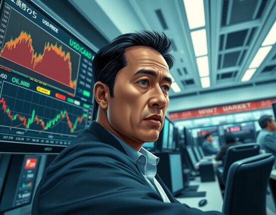Professional trader analyzing USD/CAD currency pair and oil price data following IEA decision impacting Canadian Dollar.