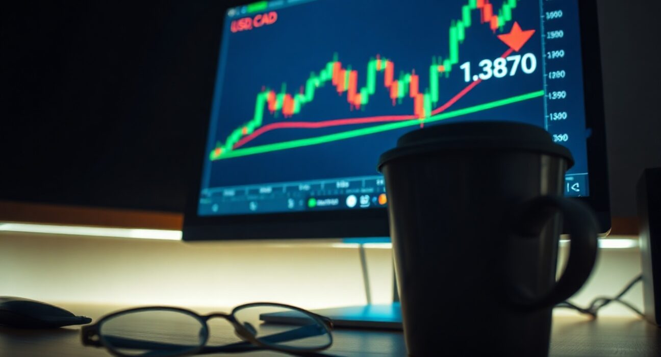 USD/CAD forex chart showing price rally to 1.3870 on a trading monitor