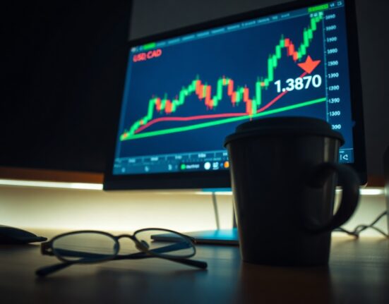 USD/CAD forex chart showing price rally to 1.3870 on a trading monitor