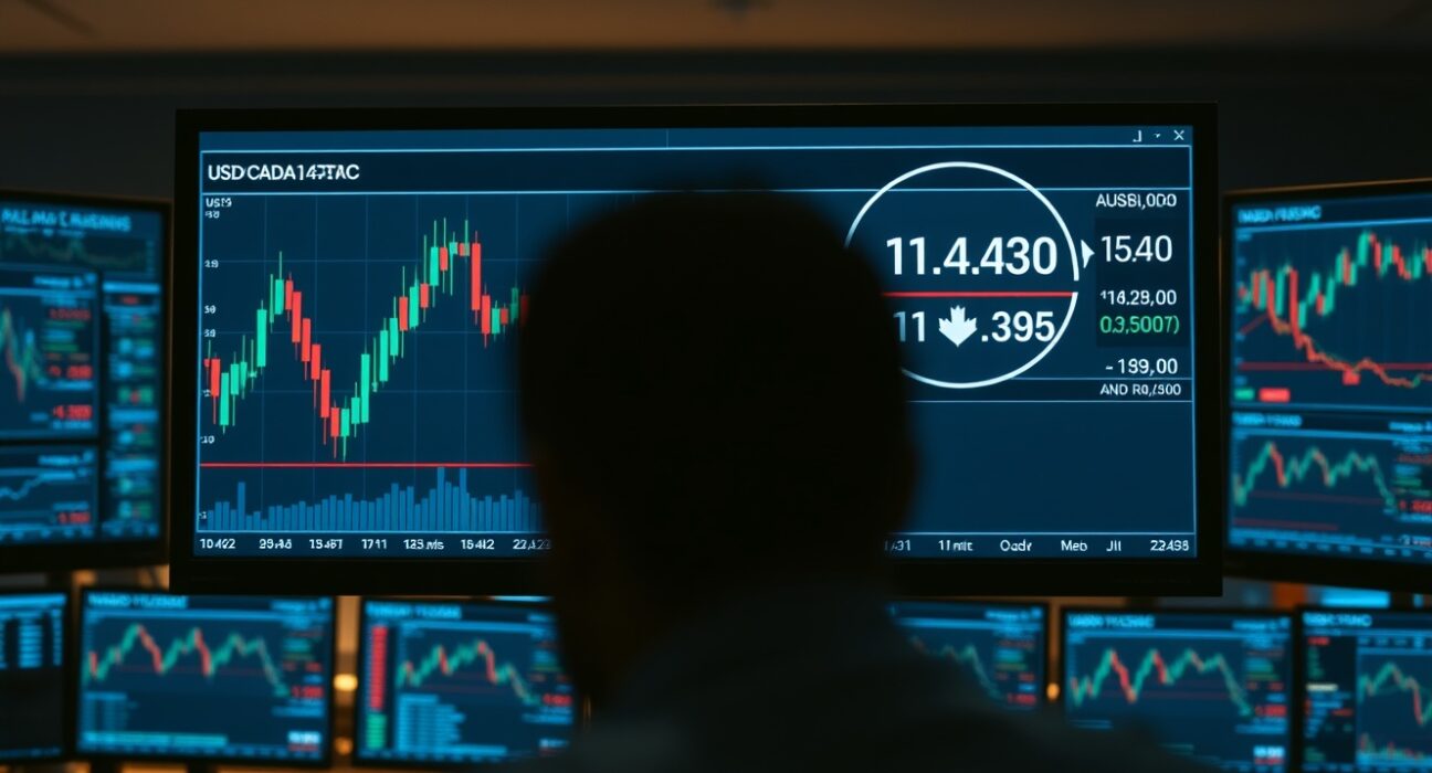 Professional forex trader analyzing USD/CAD chart with downward price movement toward 1.4140 level