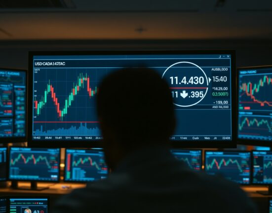 Professional forex trader analyzing USD/CAD chart with downward price movement toward 1.4140 level