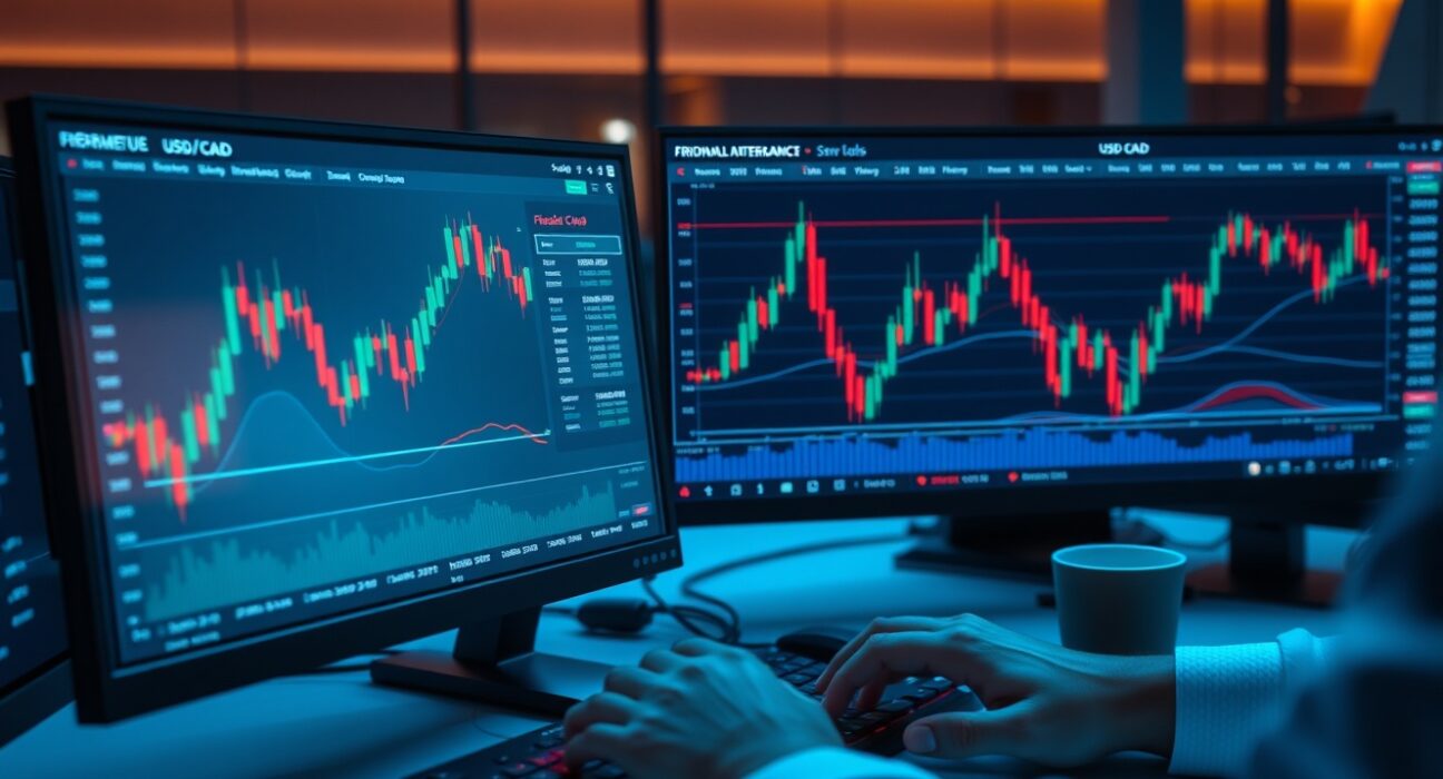 USD/CAD forex chart with Fibonacci retracement lines on a trading monitor