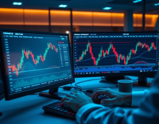 USD/CAD forex chart with Fibonacci retracement lines on a trading monitor