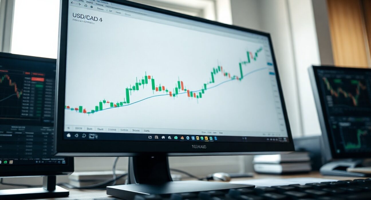USD/CAD price chart showing bullish breakout above the 100-day simple moving average on a trading monitor.