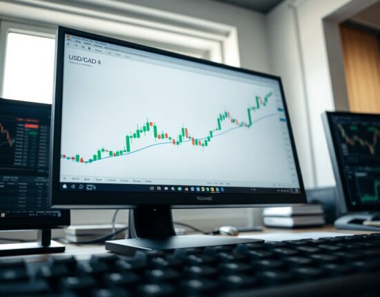 USD/CAD price chart showing bullish breakout above the 100-day simple moving average on a trading monitor.