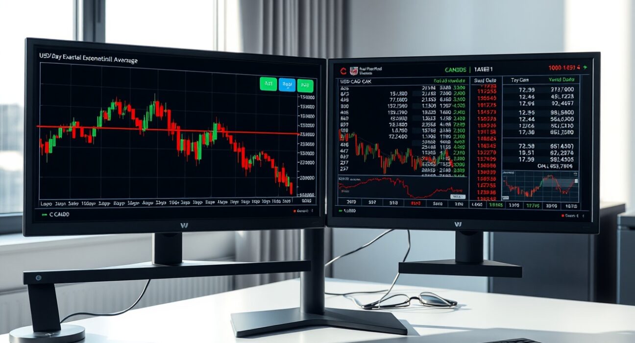 USD/CAD technical analysis showing bearish trend below 100-day moving average on trading desk monitors