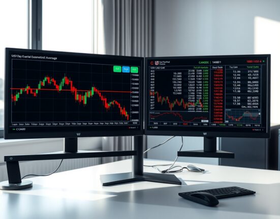 USD/CAD technical analysis showing bearish trend below 100-day moving average on trading desk monitors