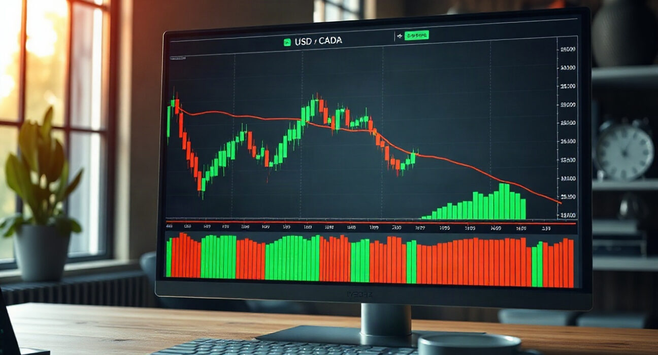 USD/CAD forex chart showing a downward trend on a trading screen in a modern office.
