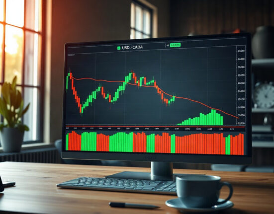 USD/CAD forex chart showing a downward trend on a trading screen in a modern office.