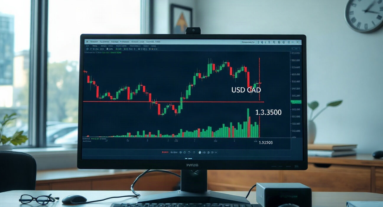 USD/CAD candlestick chart on a trading monitor showing rejection at 1.3900 and bearish move towards 1.3850