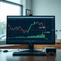 USD/CAD candlestick chart on a trading monitor showing rejection at 1.3900 and bearish move towards 1.3850