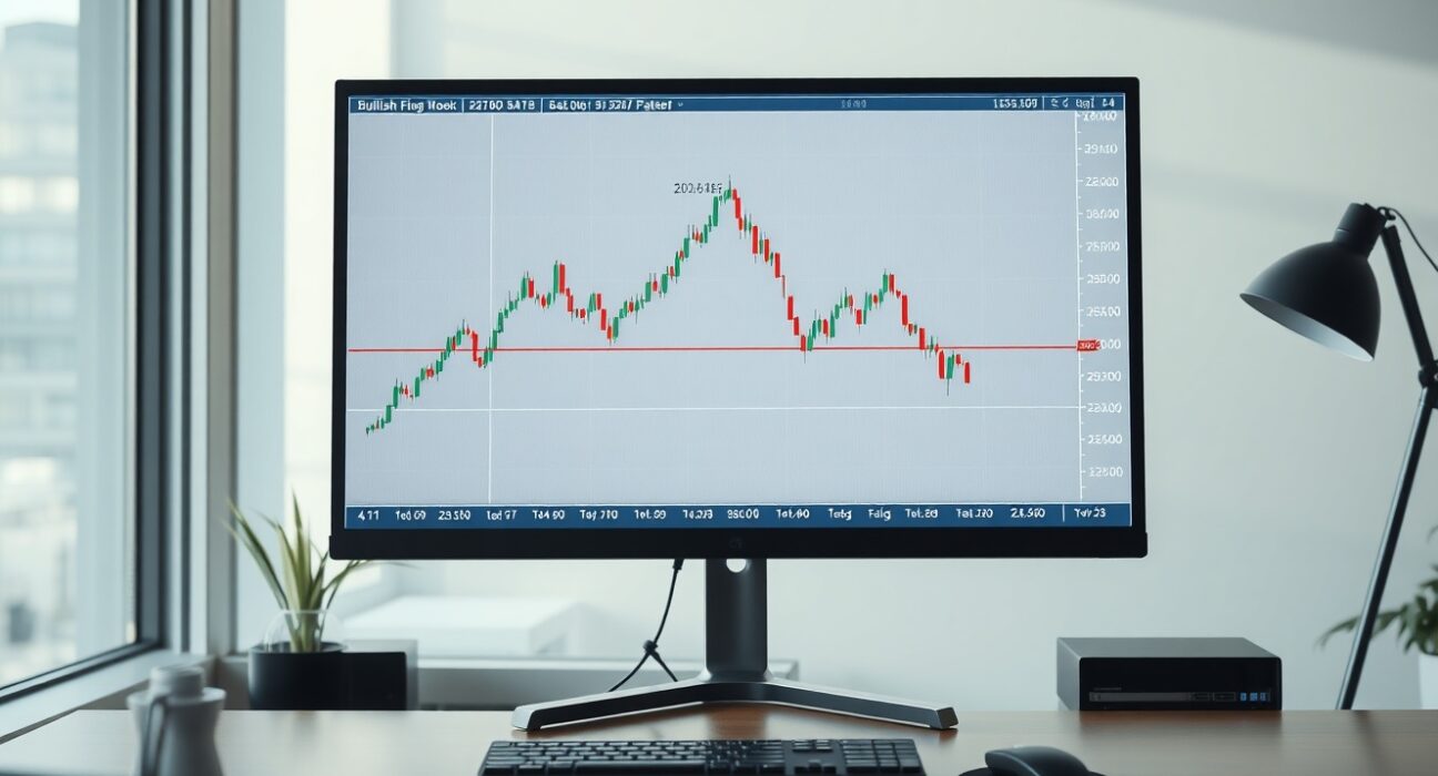 USD/CAD price chart showing a bullish flag pattern on a trading monitor in a professional setting