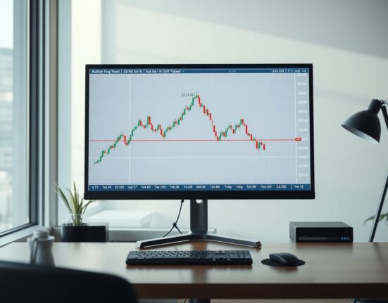 USD/CAD price chart showing a bullish flag pattern on a trading monitor in a professional setting