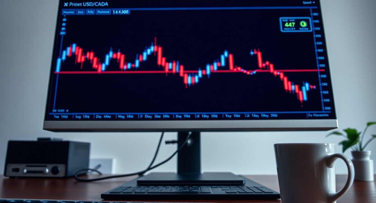 USD/CAD candlestick chart on a trading monitor showing price action near 1.4100