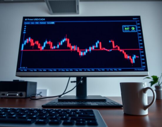 USD/CAD candlestick chart on a trading monitor showing price action near 1.4100