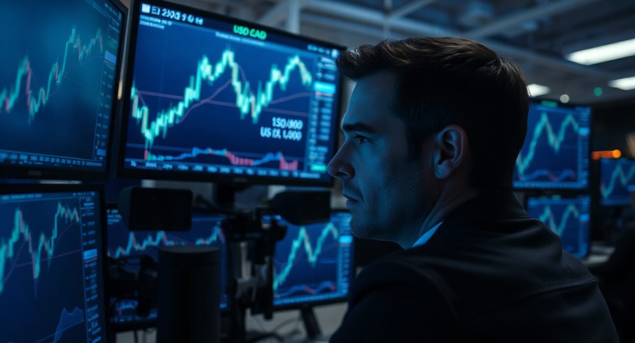 Financial trader analyzing USD/CAD charts with bullish trend above 1.4000 and overbought RSI indicator on monitors
