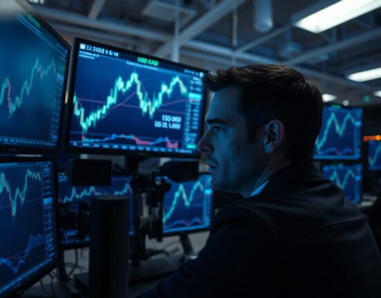 Financial trader analyzing USD/CAD charts with bullish trend above 1.4000 and overbought RSI indicator on monitors