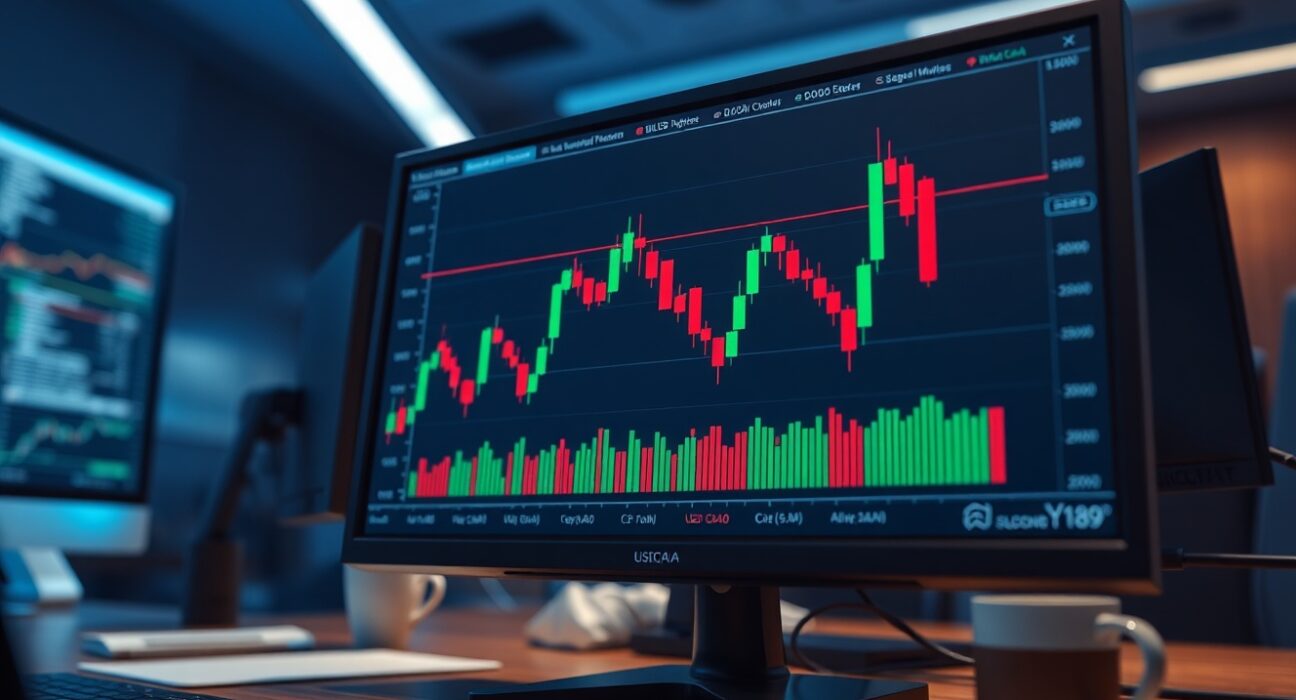 Close-up of a USD/CAD candlestick chart on a trading monitor in a dimly lit office.