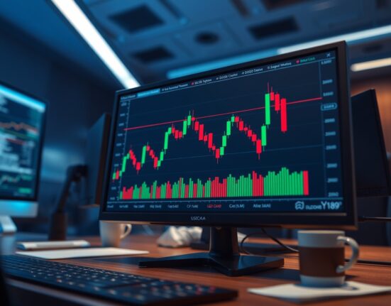 Close-up of a USD/CAD candlestick chart on a trading monitor in a dimly lit office.
